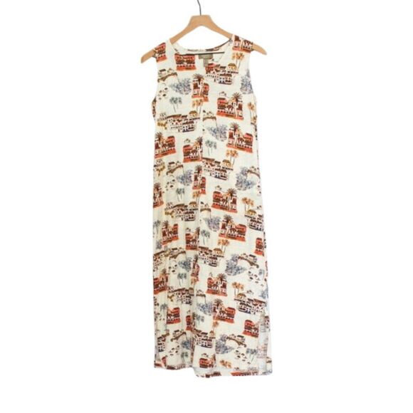 Naturals D&Co Cotton Linen Blend Villa Print Sleeveless Tank Midi Dress Small - Picture 1 of 7